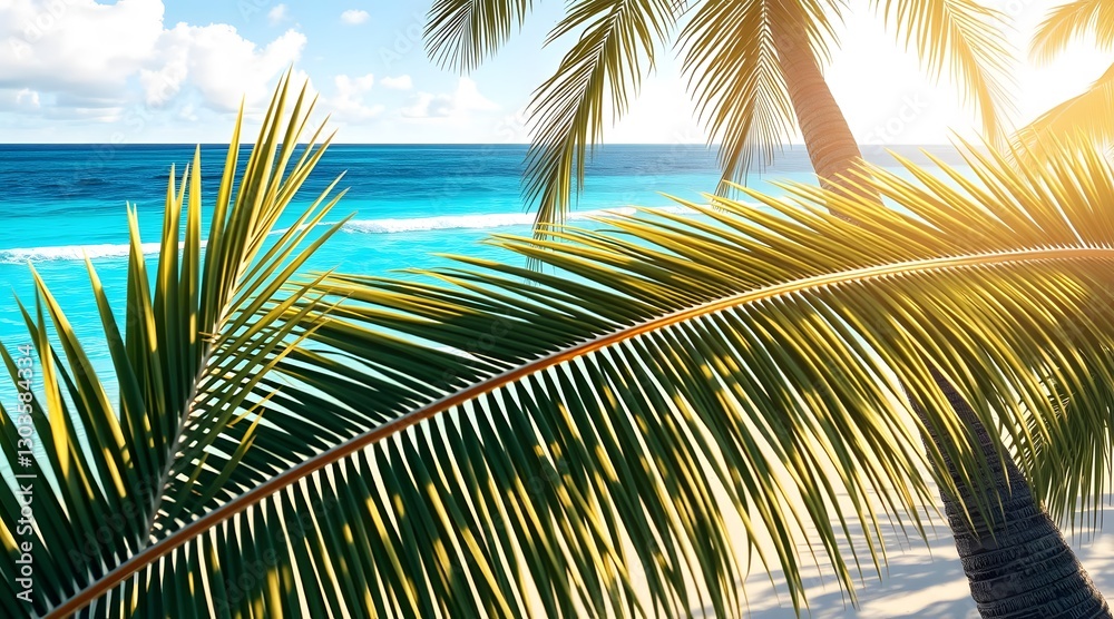Fototapeta premium Tropical beach scene featuring lush palm trees with sunlight glistening over turquoise waters, perfect for a serene vacation getaway. 