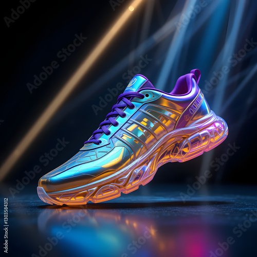 Iridescent shiny metallic 3D running shoes or sneakers. Dark black background.