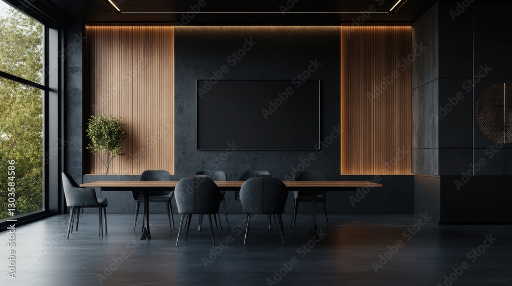 Modern conference room interior with long table, chairs and large blank television screen Modern conference room interior with long table, chairs and large blank television screen