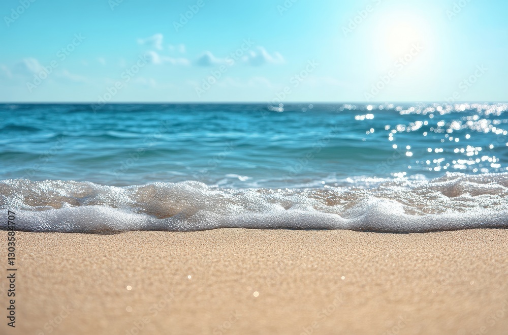 Tranquil shoreline with gentle waves lapping the sandy beach under a clear blue sky during a sunny day with sparkling water reflections Tranquil shoreline with gentle waves lapping the sandy beach under a clear blue sky during a sunny day with sparkling water reflections