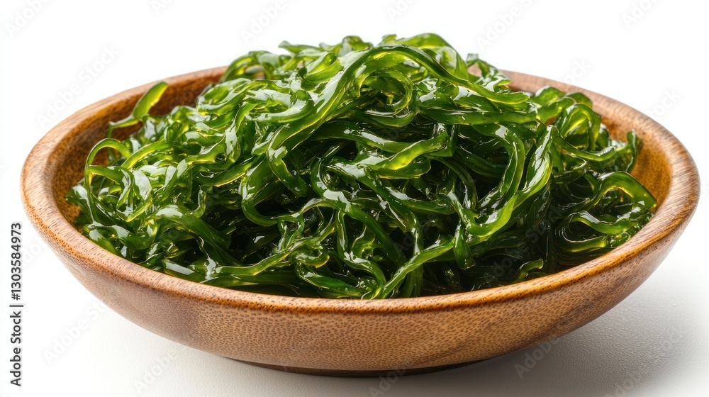 Wooden bowl of seasoned seaweed on white background Wooden bowl of seasoned seaweed on white background