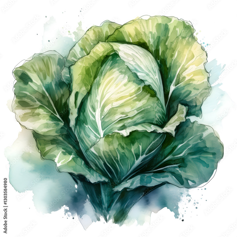 Obraz premium A watercolor painting of a green cabbage, its leaves rendered with soft washes and intricate details against a white background