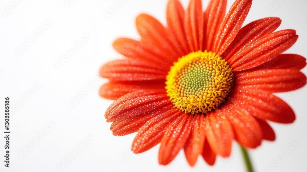 Vibrant Red Daisy with Dew Drops Isolated on White Background in Macro Detail Vibrant Red Daisy with Dew Drops Isolated on White Background in Macro Detail