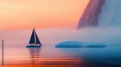   A boat bobbing atop water beside a snow-capped mountain amidst a hazy sky