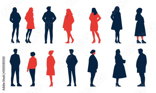 Minimalist Silhouette Vector of Diverse People in Red and Blue Tones