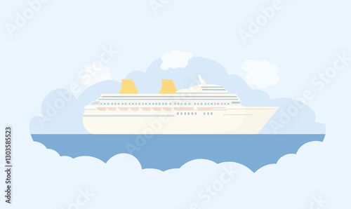 Minimalist Flat Vector Illustration of Cruise Ship on Sea with Cloudy Sky for Travel and Leisure