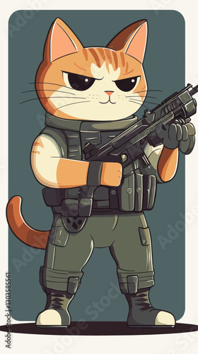Cartoon Military Cat with Rifle in Flat Minimalist Vector Style