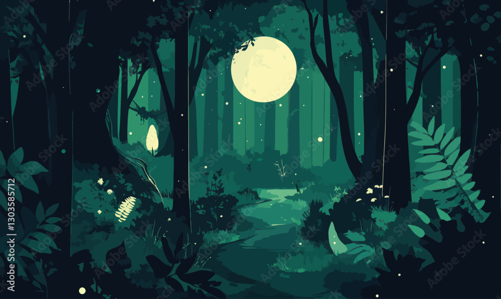 Obraz premium Mystical Moonlit Forest Adventure with Wild Nocturnal Wildlife Path