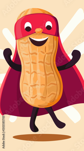 Superhero Peanut Character with Red Cape and Mask in Vector Art Style