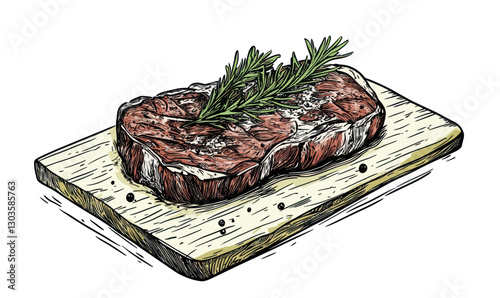 Engraved Steak on Wooden Board with Herbs Sketch Vector Illustration