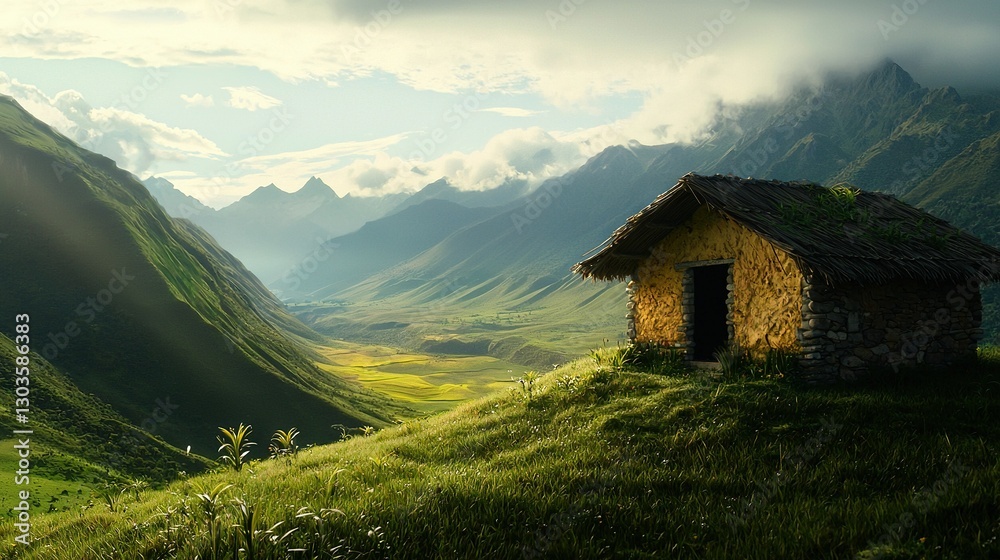 A tiny home resting atop a verdant hillside, surrounded by a vibrant valley and towering mountains in the distance A tiny home resting atop a verdant hillside, surrounded by a vibrant valley and towering mountains in the distance