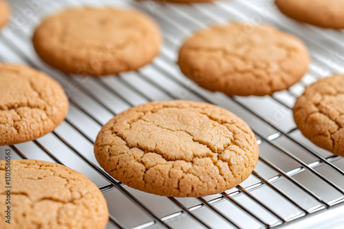Freshly baked cookies cooling on a wire rack, perfect for a sweet treat or dessert. Golden brown and tempting, ready to enjoy!