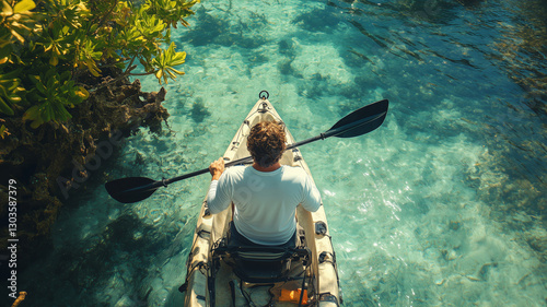 Exploring serene tropical inshore flats by kayak under bright sunlight