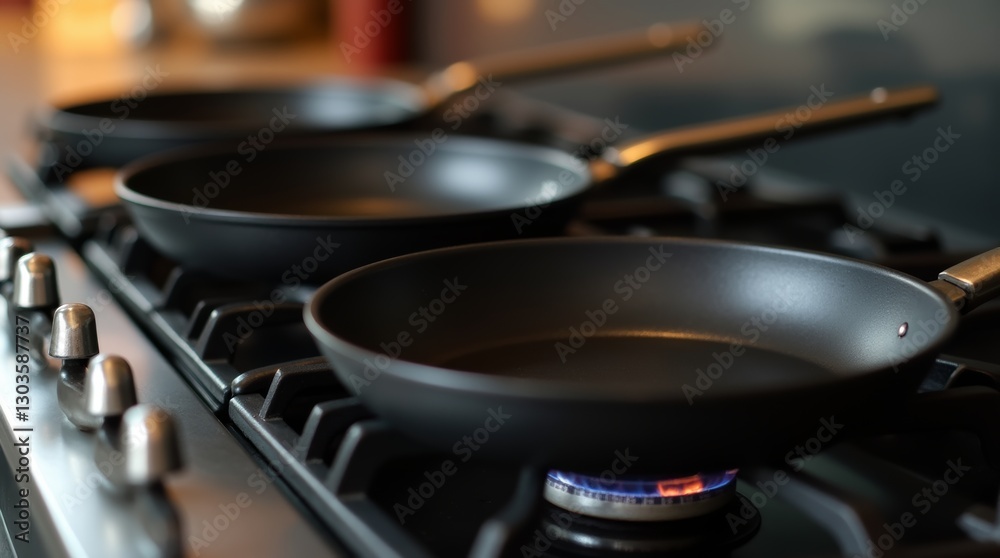 Several Frying Pans on the Stove in Kitchen, Teflon Anti-Stick Several Frying Pans on the Stove in Kitchen, Teflon Anti-Stick