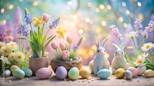  Soft, pastel-colored Easter-themed photo setup. The background is a gentle blend of light pink, baby blue, soft yellow, and lavender hues. Whimsical 