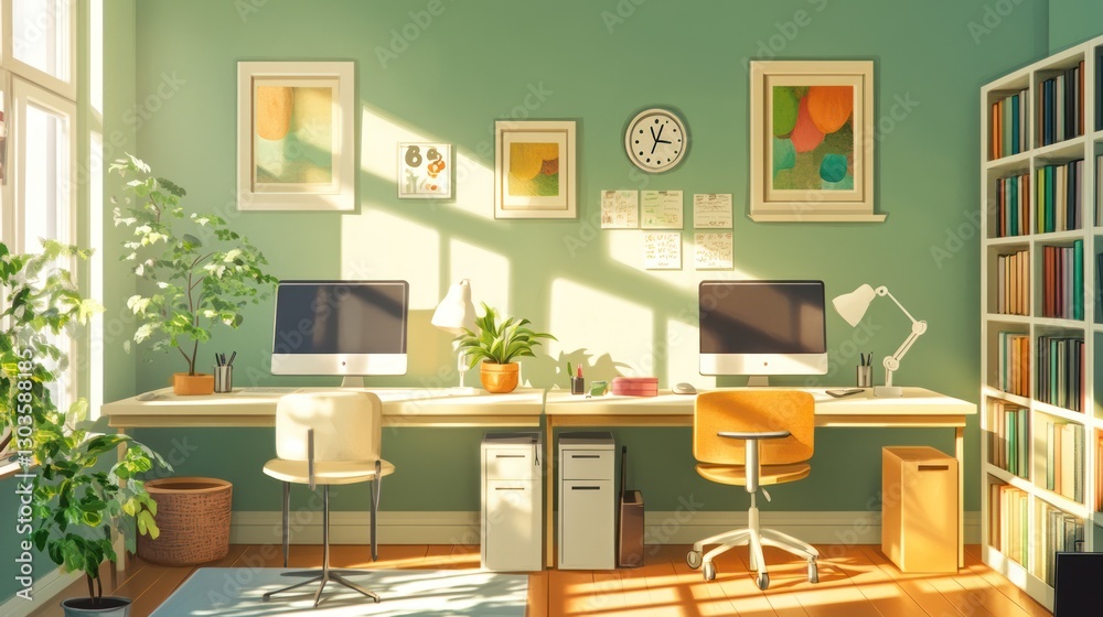 Sunny home office interior with two computers Sunny home office interior with two computers