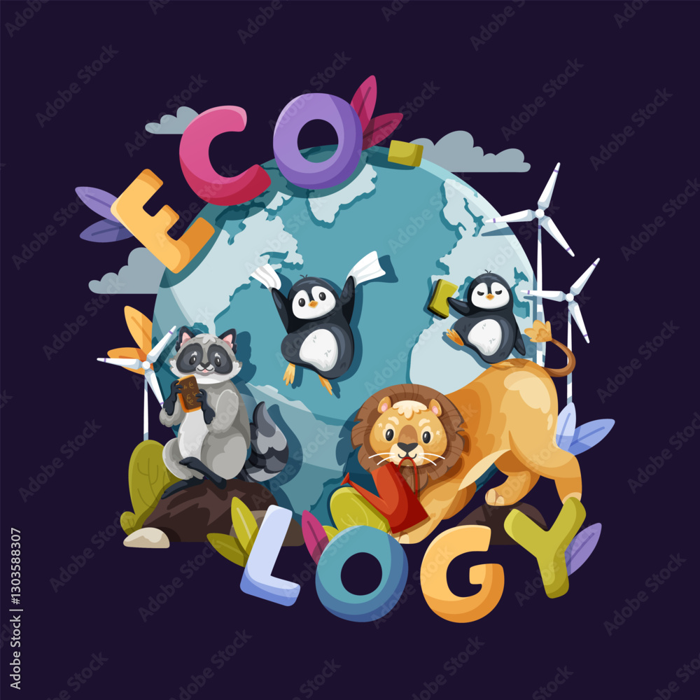 Fototapeta premium Colorful illustration with lion, penguins and raccoon grouped around the planet Earth, representing unity and care for the environment, ecology clipart on a dark background
