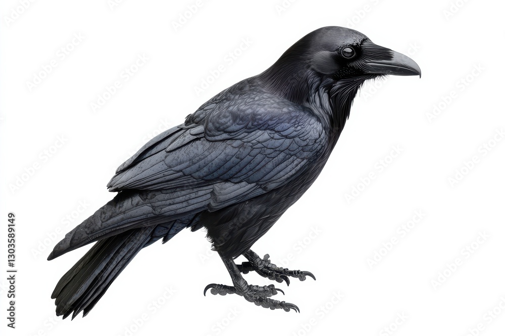 Majestic raven perched elegantly, showcasing its glossy feathers against a plain background isolated on transparent background Majestic raven perched elegantly, showcasing its glossy feathers against a plain background isolated on transparent background
