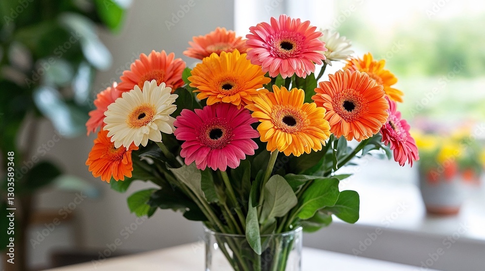 Vibrant Gerbera Daisy Bouquet Close-up with Bright Window Vibrant Gerbera Daisy Bouquet Close-up with Bright Window