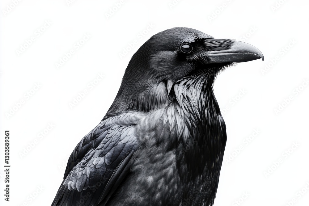 Captivating details of a majestic raven perched gracefully against a serene white background isolated on transparent background Captivating details of a majestic raven perched gracefully against a serene white background isolated on transparent background