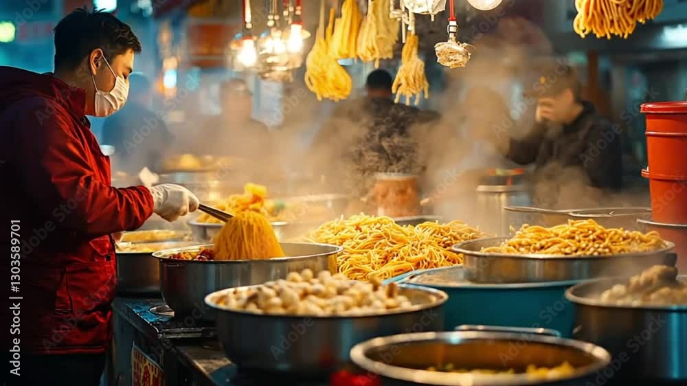Asian market street food vendor preparing noodles at night. Possible use Stock photo for food tourism, culture, or travel