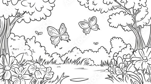 Forest scene with butterflies, coloring book style