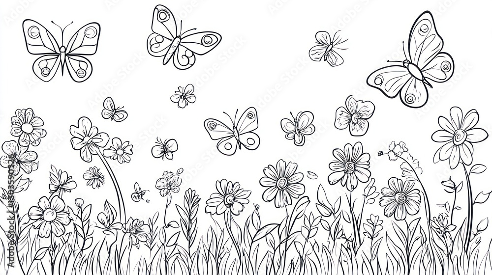 Fototapeta premium Black and white butterflies and flowers, coloring book illustration, spring scene, for kids