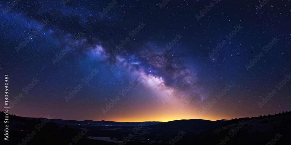 Stunning view of the Milky Way galaxy over a serene landscape at night with glowing horizon and star-filled sky Stunning view of the Milky Way galaxy over a serene landscape at night with glowing horizon and star-filled sky