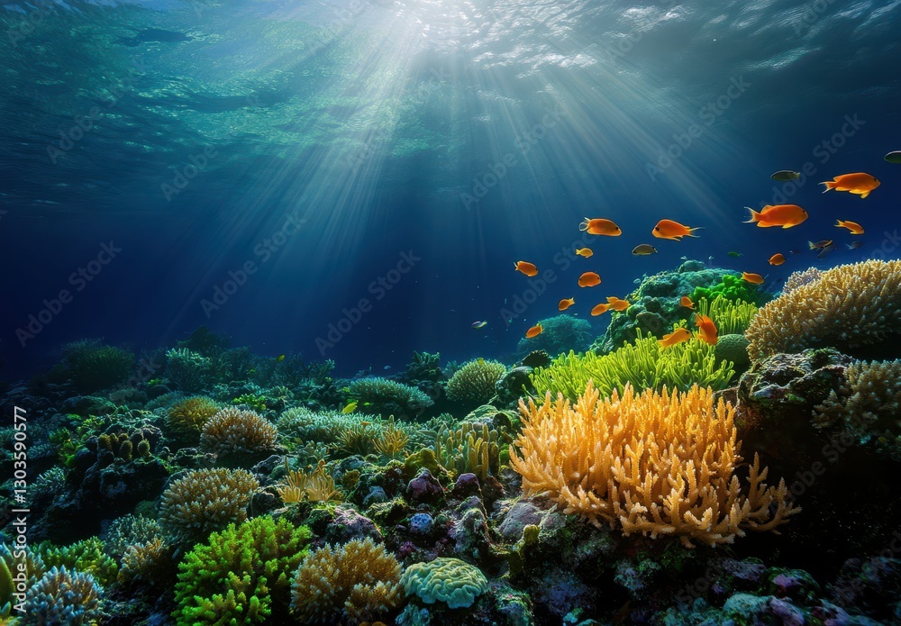 Naklejka premium Underwater Coral Reef with Vibrant Marine Life Illuminated by Sunlight Rays in a Serene Ocean Environment