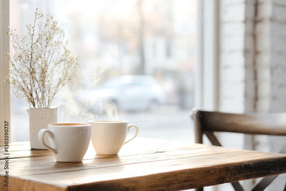 Fototapeta premium Two steaming cups of coffee sitting on rustic table by window in cafe