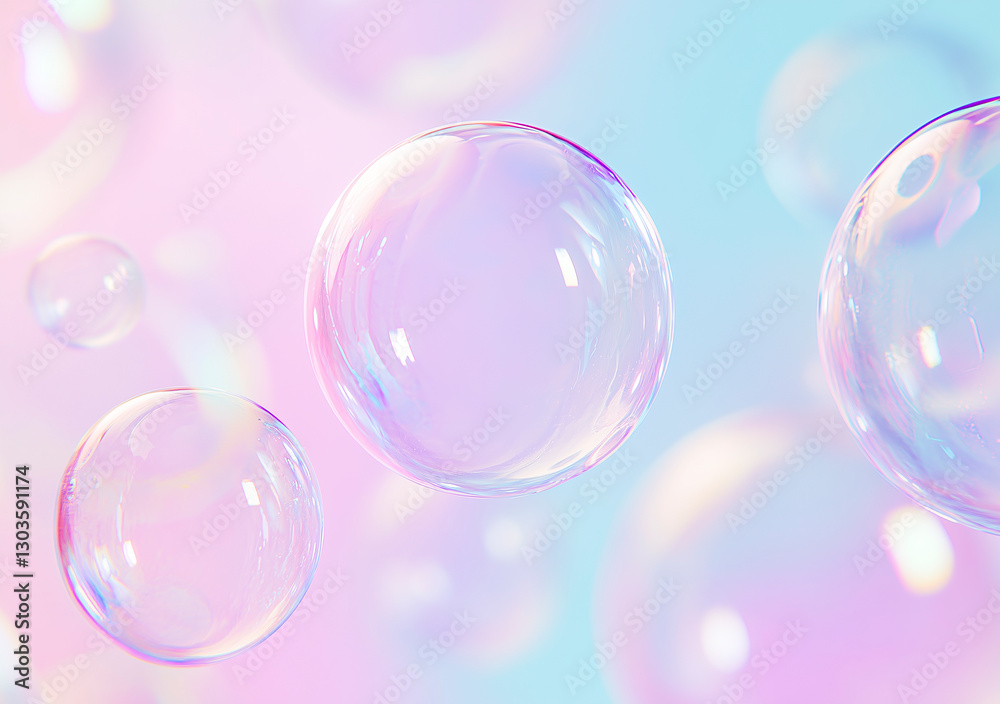 Floating transparent soap bubbles with iridescent reflections. Soft pastel background in pink and blue tones. Floating transparent soap bubbles with iridescent reflections. Soft pastel background in pink and blue tones.