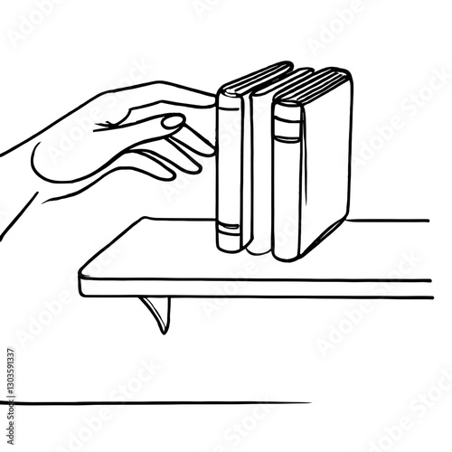 Hand selecting books from shelf in continuous line drawing style."