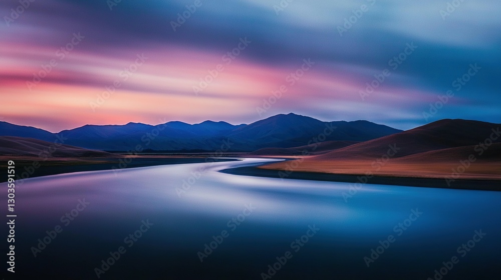 Fototapeta premium A river flows through a verdant valley beneath a vibrant purple and blue sky, framed by majestic mountains