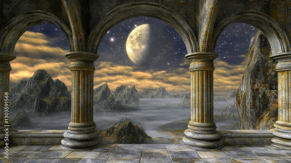 Fototapeta premium Serene Fantasy Landscape with Majestic Mountains, Mysterious Waters, and a Glowing Moon Amidst a Starry Night Sky from Ancient Architecture
