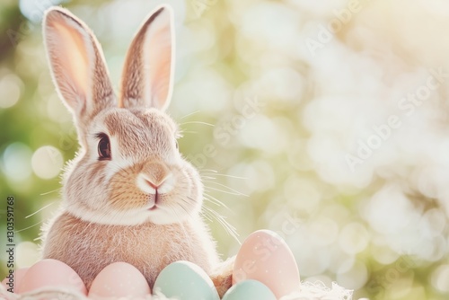  real easter bunny with peach and sage green Easter eggs, sunny, spring vibes, outsi photo