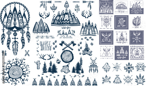 Wanderlust, Explore, Adventure labels, Wild and Free Lettering, Outdoor Posters, Tribal, Wigwams 