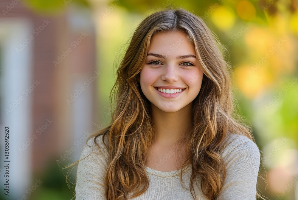 Obraz premium Beautiful Smiling Teen Girl Portrait Outdoors Natural Light Happy Expression Long Brown Hair Casual Outfit Young Woman Summer Day Pleasant Mood 