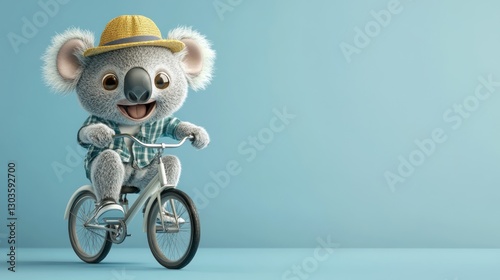 Cute koala rides a bicycle, happy against a light blue backdrop photo