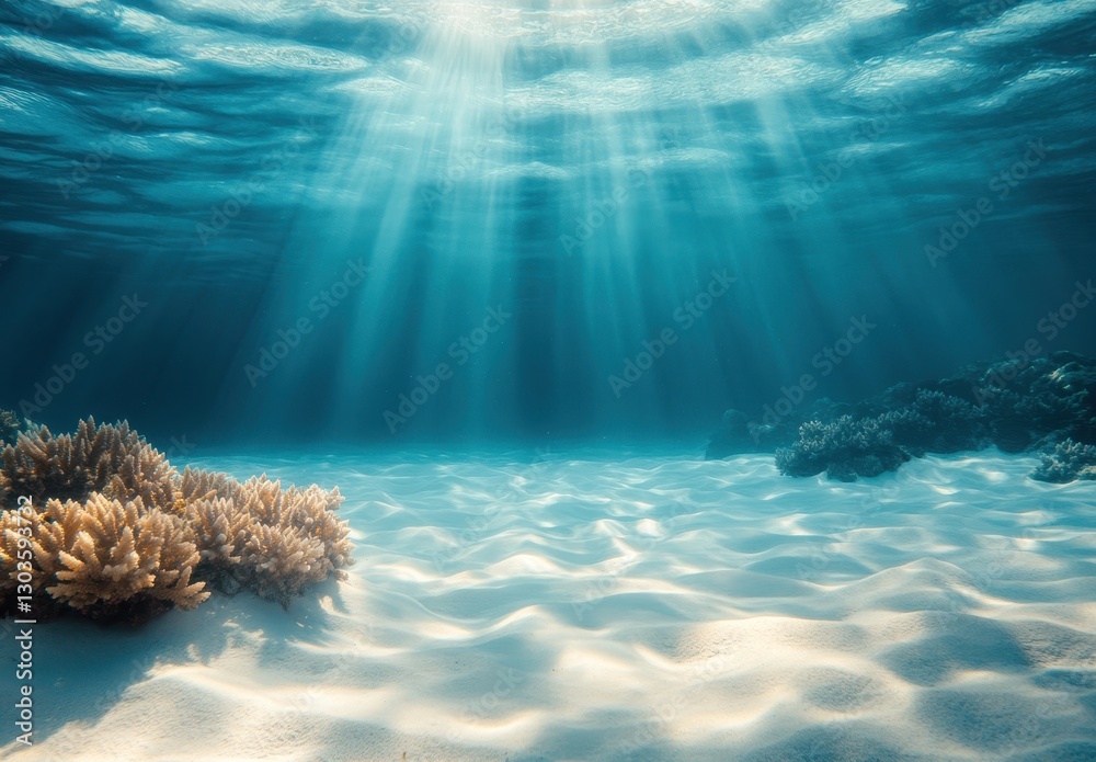 Fototapeta premium Underwater Scene with Soft Sand, Coral Reefs, and Sunlight Filtering Through Calm Ocean Water