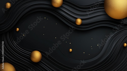 Abstract black 3D background with waves and golden spheres