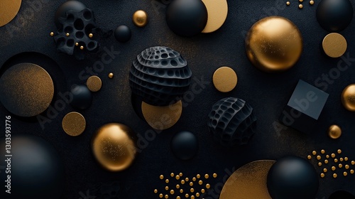 Abstract black 3D background with waves and golden spheres