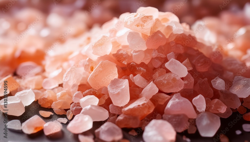 Obraz premium Macro shot of crushed pink Himalayan salt, highlighting intricate crystalline formations and the soft reflections of light, showcasing its natural beauty. 