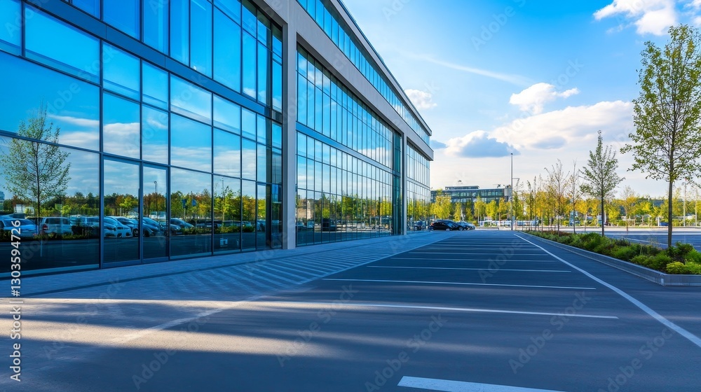 Modern Building Facade with Glass Reflection and Parking Lot, office building, architecture Modern Building Facade with Glass Reflection and Parking Lot, office building, architecture