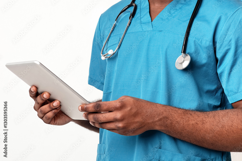 An African American man doctor stands in a hospital, holding a tablet while dressed in scrubs. He is focused on providing healthcare and ensuring efficient patient management. An African American man doctor stands in a hospital, holding a tablet while dressed in scrubs. He is focused on providing healthcare and ensuring efficient patient management.
