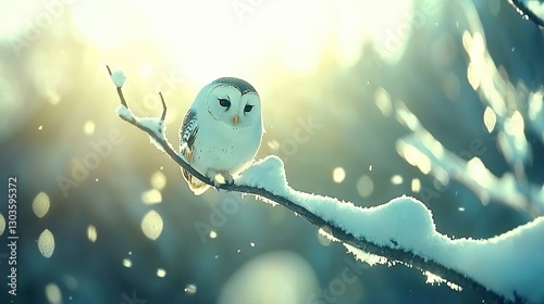   An owl rests atop a tree branch amidst falling snow as the sun filters through the foliage behind it