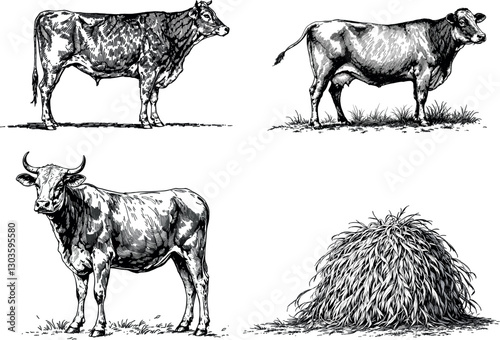 Vintage illustration of cows and haystack, rustic farm scene