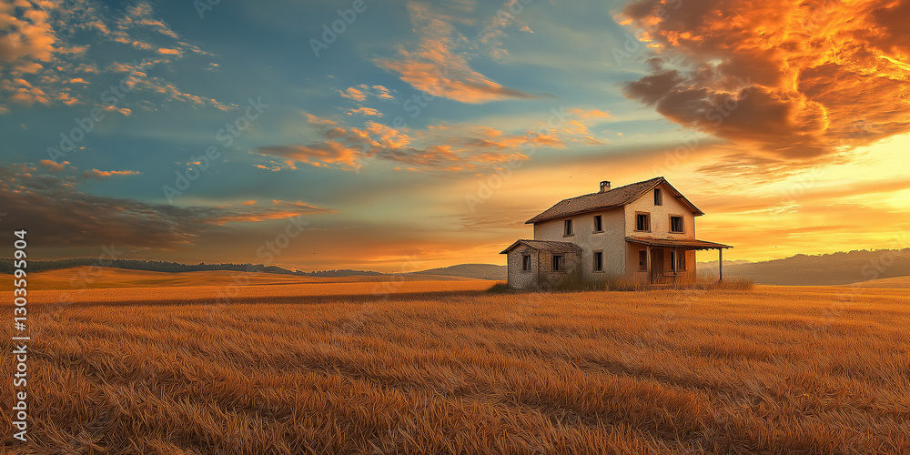 Fototapeta premium A house in the middle of an open field with brown grass, with a sunset sky 