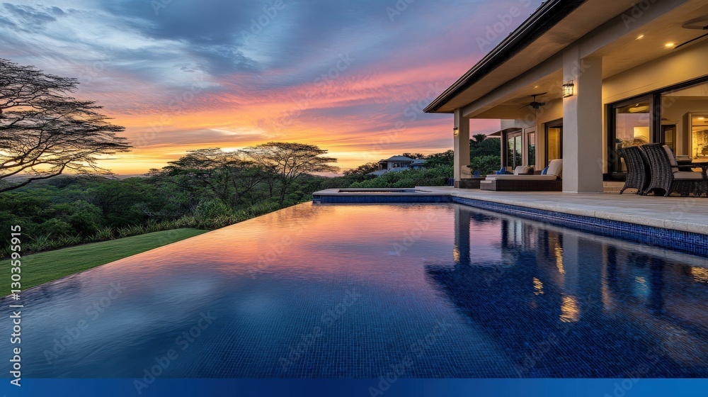 Fototapeta premium Stunning Luxury Villa with Infinity Pool Overlooking Lush Green Landscape at Sunset with Vibrant Colors in the Sky and Serene Atmosphere for Dream Retreats