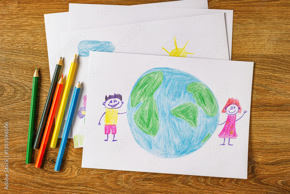 Children's drawing of boy and girl holding hands, with colored pencils on a wooden table top view. Unity, environment and childhood creativity concept