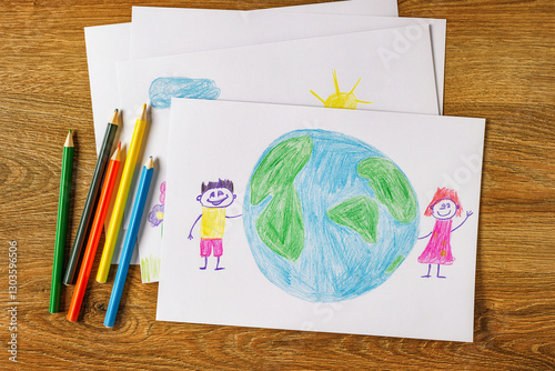Obraz na płótnie Children's drawing of boy and girl holding hands, with colored pencils on a wooden table top view. Unity, environment and childhood creativity concept w salonie